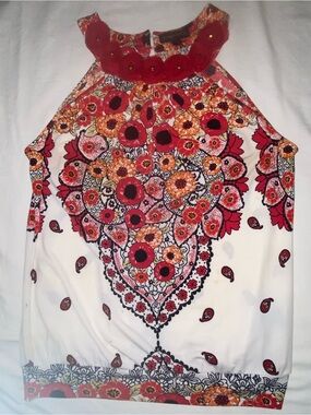 Rampage Red Floral Halter Top with Crochet Rosettes